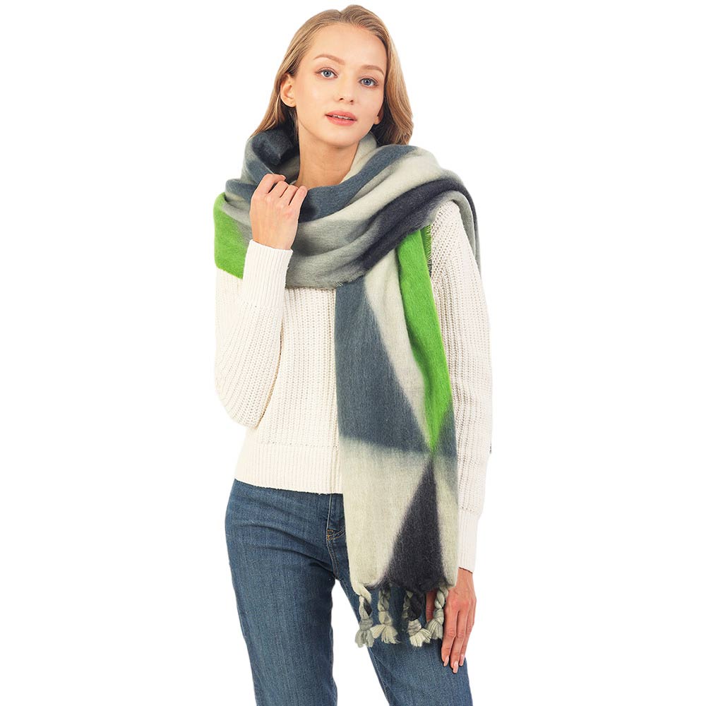 Black Diagonal Color Block Soft Feel Braided Tassel Oblong Scarf, is a perfect addition to any wardrobe. Crafted from super soft fabric for comfort, this scarf also features a diagonal color block design and braided tassel for a modern touch. An ideal gift item for family members, friends, or yourself on any occasion.