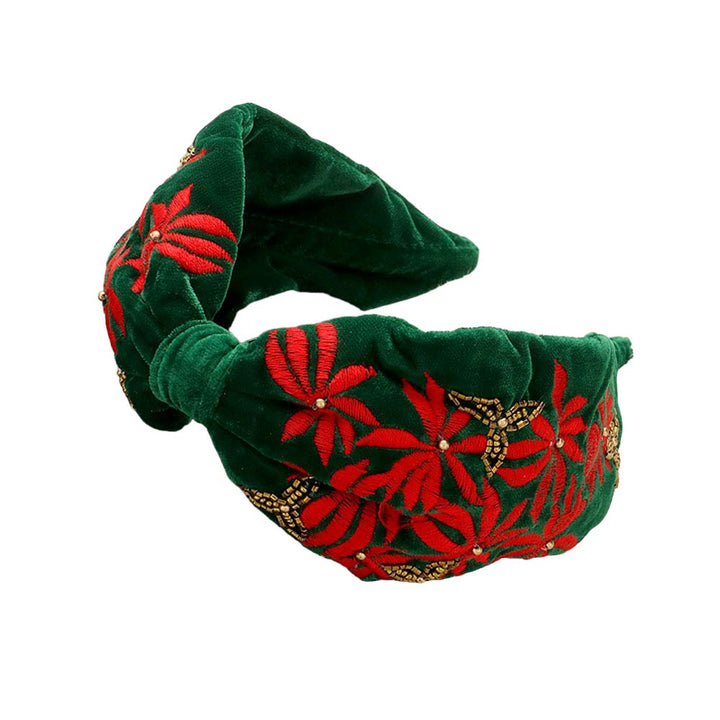 Green Embroidery Poinsettia Flower Christmas Headband, push back your hair with this pretty headband, and add a pop of color to any plain outfit! This expounds your Christmas party and attracts everyone's attention. This is the perfect gift for Christmas, especially for your friends, family, and the people you love.