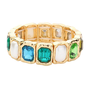 Green Emerald Cut Stone Pearl Stretch Evening Bracelet, Be the envy of everyone with this. Crafted with a luxurious emerald cut stone and pearls, this bracelet is the perfect accessory for any special occasion or gift and is sure to make an elegant statement. Give your wardrobe a timeless glamour with this beautiful bracelet