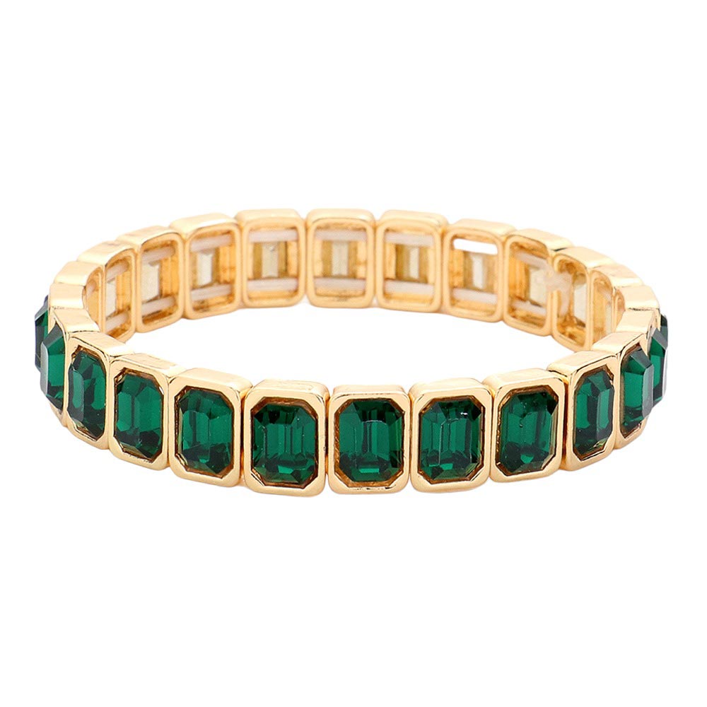 Green Emerald Cut Stone Stretch Evening Bracelet, will bring elegance to any evening look. Crafted with shimmering emerald cut stones, this bracelet is a timeless piece that is sure to make you stand out. Stretchable and easy to wear, this bracelet offers a sophisticated style for any special occasion. Nice gift idea.