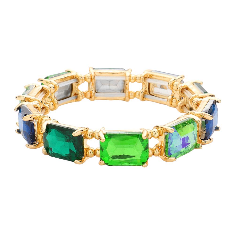 Green Emerald Cut Stone Stretch Evening Bracelet, crafted from shimmering and high-quality glass beads. The Emerald cut of the stones makes sparkle and adds a touch of sophistication to any special occasion outfit. A timeless piece of jewelry perfect in any collection. Perfect gift for special ones on any special day.