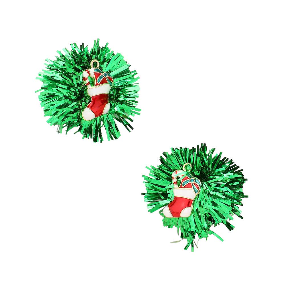 Green Enamel Christmas Sock Candy Cane Tinsel Earrings, These festive earrings are crafted with enamel and decorated with Christmas sock, candy cane, and tinsel designs for a cheerful seasonal look. With an eye-catching design, they’re a great accessory to add to your Christmas wardrobe. This can be a perfect holiday gift.