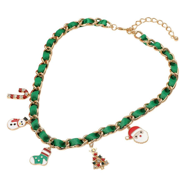 Holiday-themed necklace with enamel charms including a snowman, stocking, candy cane, Christmas tree, and Santa. Gold-tone chain interwoven with ribbon adds festive style. Made of iron, ribbon, and enamel.