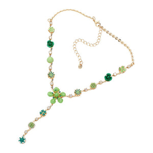 Green Enamel Flower Stone Embellished Y Choker Jewelry Set, This beautiful set offers a unique eye-catching piece crafted with quality materials for a striking addition to any look. The set is adorned with bright enamel flowers and glimmering stones for a chic and elegant look. Wear it and dazzle on any special occasion.