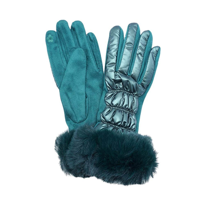 Green Faux Fur Cuff Puffer Smart Touch Gloves, Experience warmth and functionality with our stylish smart touch gloves. The soft faux fur cuffs add a touch of luxury, while the puffer padding keeps your hands toasty. Stay stylish and connected this winter. Wrap your loved ones in warmth this winter with these stylish gloves.