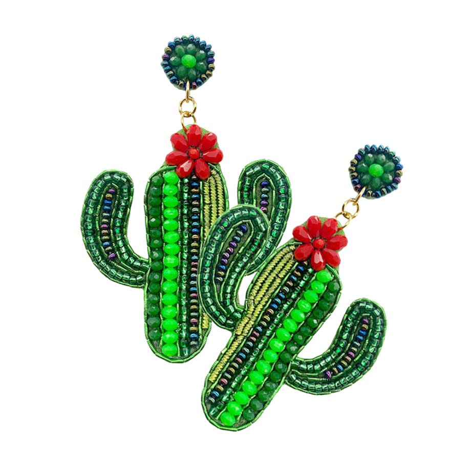 Green Felt Back Multi Beaded Flower Cactus Dangle Earrings, these cactus earrings are fun handcrafted jewelry that fits your lifestyle, adding a pop of pretty color. Enhance your attire with these vibrant artisanal earrings to show off your fun trendsetting style. Great gift idea for your Wife, Mom, or your Loving One.