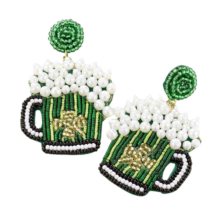 Green-Felt Back Pearl ST Patrick's Day Clover Beer Dangle Earrings are the perfect accessory for your St. Patrick's Day celebration. The felt backing adds a unique touch, while the clover accents and beer dangle charms add a festive flair. Made with high-quality materials, these earrings are a must-have for any beer lover celebrating the holiday. 