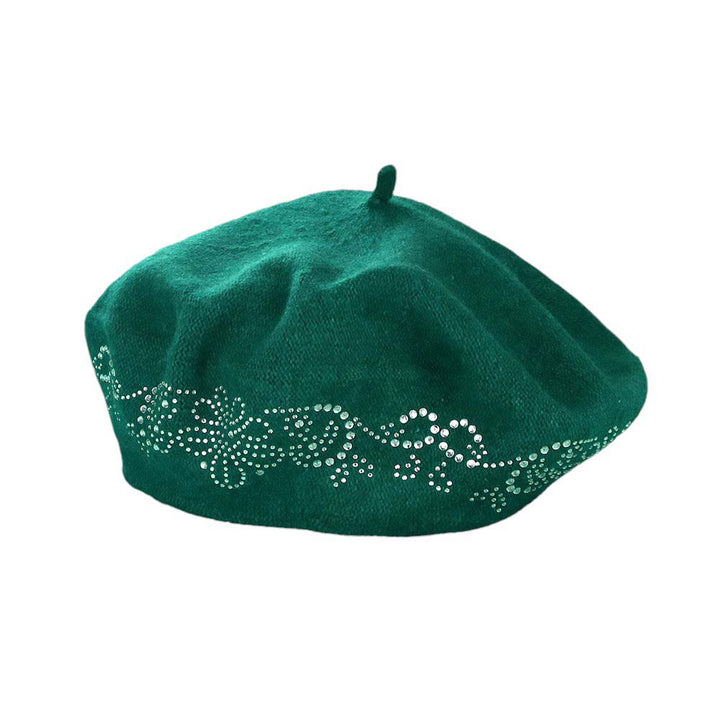 Gree-Flower Bling Studded Beret Hat, A stylish accessory for any outfit. With its floral design and studded accents, it adds a touch of elegance and glam to your look. Made with high-quality materials, it is durable and comfortable to wear. Perfect for any fashion lover.