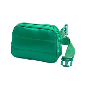 Green Glossy Puffer Rectangle Sling Bag Fanny Bag Belt Bag, this stylish is bag made from durable material to ensure maximum protection and comfort. It features a fashionable design with adjustable straps, and secure buckle closure ensuring your valuables are safe and secure. The perfect for any occasion, shopping, etc.