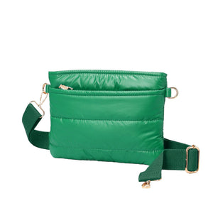 Green Glossy Solid Puffer Crossbody Bag, Complete the look of any outfit on all occasions with this Shiny Puffer Crossbody Bag. This Puffer bag offers enough room for your essentials. With a One Front Zipper Pocket, One Back Zipper Pocket, and a Zipper closure at the top, this bag will be your new go-to! The zipper closure design ensures the safety of your property. The widened shoulder straps increase comfort and reduce the pressure on the shoulder.