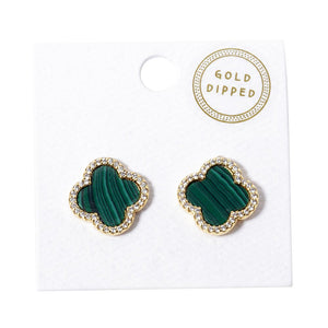 Green Gold Dipped Quatrefoil Stud Earrings, feature a quatrefoil pattern, crafted from gold-dipped lead & nickel compliant and secured with post backings. Showcase your refined style with these versatile earrings and dress up any outfit for any occasion. Nice and cute gift for your family members, friends, or loved ones.