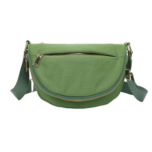 Green Half Round Solid Nylon Crossbody Bag, is made of nylon, making it lightweight and durable. The adjustable shoulder strap ensures it will be comfortable to carry. The half-round shape adds a unique look to this bag, making it a great choice for any occasion. Perfect gift for fashion-forwarded family members and friends.