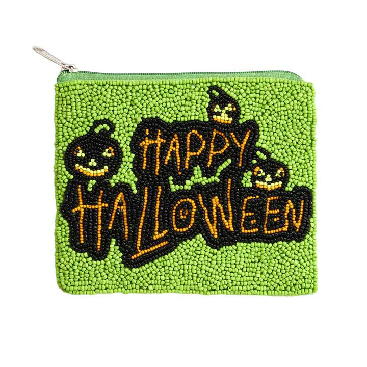 Green Happy Halloween Message Beaded Halloween Mini Pouch Bag, be the ultimate fashionista while carrying this trendy massage-themed mini pouch bag! Add the perfect luxe to your Halloween attire with it. This is the perfect gift for Halloween, especially for your friends, family, and the people you love and care about.