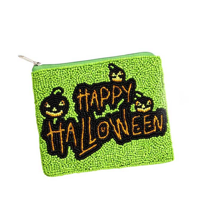 Green-Celebrate Halloween with our Happy Halloween Message Seed Beaded Mini Pouch Bag, Perfect for storing small items and adding a festive touch to your outfit. Hand-crafted with seed beads, this bag is a unique accessory that will make you stand out during the spooky season. Get yours now! 