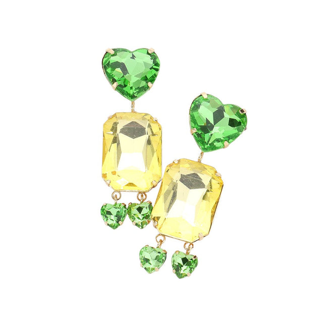 Heart Emerald Cut Stone Link Dangle Evening Earrings - Green - Earrings