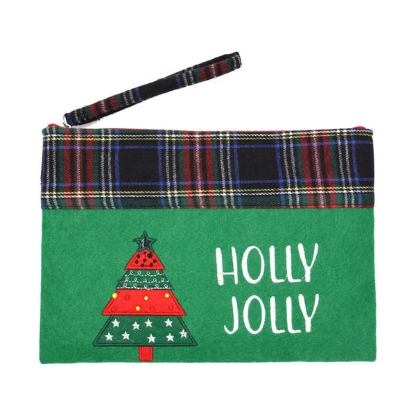 Add a touch of holiday joy with this “HOLLY JOLLY” pouch, featuring a festive Christmas tree and plaid trim. Perfect for holding small gifts, cosmetics, or travel items during the season. A merry little essential to keep your holiday organized and cheerful.
