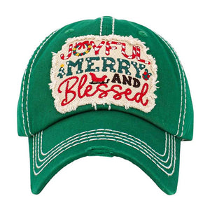 Green Joyful Merry and Blessed Message Vintage Baseball Cap, Spread the Christmas cheer with this unique cap. Embrace the festive spirit with this stylish cap that combines vintage charm with a heartfelt message. Give the gift of joy, warmth, and blessings with this holiday-themed cap as a thoughtful Christmas present.
