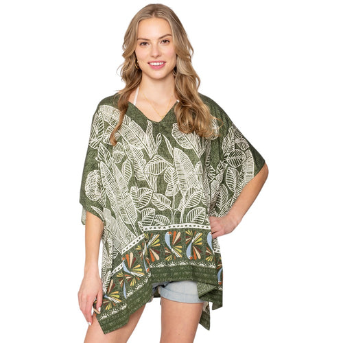 Leaf Print Cover Up Poncho - Olive