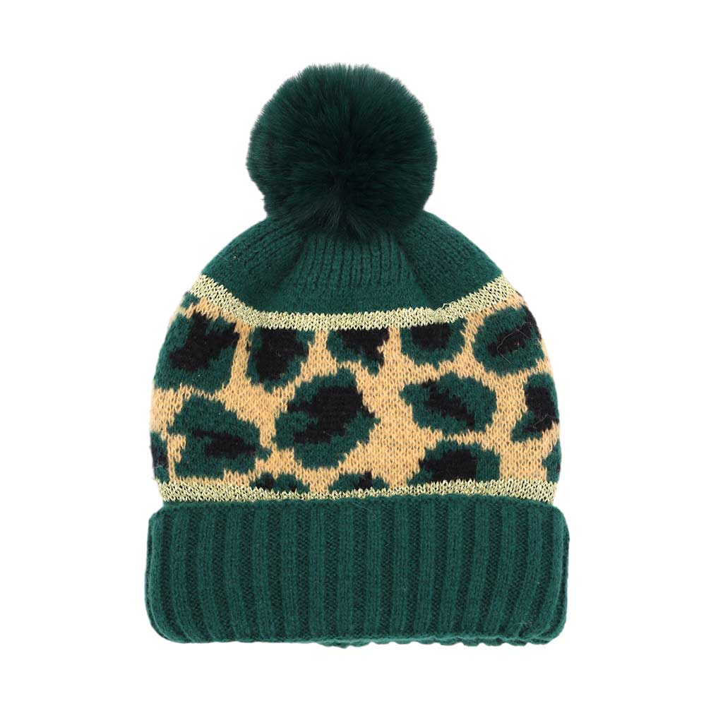 Green Leopard Patterned Pom Pom Beanie Hat, wear this beautiful beanie hat with any ensemble for the perfect finish before running out the door into the cool air. An awesome winter gift accessory and the perfect gift item for Birthdays, Stocking stuffers, Secret Santa, holidays, anniversaries, Valentine's Day, etc.