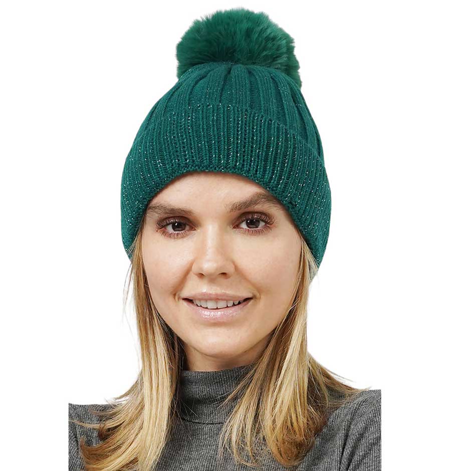Green Lurex Ribbed Knit Pom Pom Beanie Hat, wear this beautiful beanie hat with any ensemble for the perfect finish before running out the door into the cool air. An awesome winter gift accessory and the perfect gift item for Birthdays, Christmas, Stocking stuffers, holidays, anniversaries, Valentine's Day, etc.