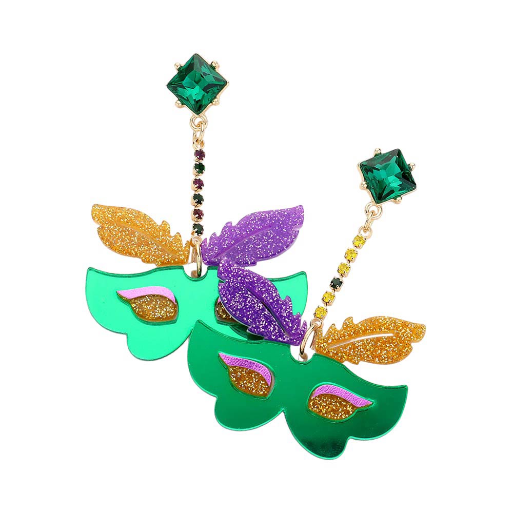 Green Mardi Gras Mask Earrings. As elaborately crafted as the Mardi Gras masks they represent, these earrings are sure to make a statement. Hand-painted with intricate details, they are the perfect accessory for any festive occasion. Add a touch of celebration to any outfit with these unique and eye-catching earrings.