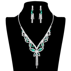 Green Marquise Round Stone Butterfly Rhinestone Jewelry Set, is crafted using marquise stones and delicate rhinestones, perfect for adding some sparkle to your look. The set includes an adjustable necklace, earrings, and bracelet, making it a perfect accessory for any special occasion outfit. Perfect gift idea.