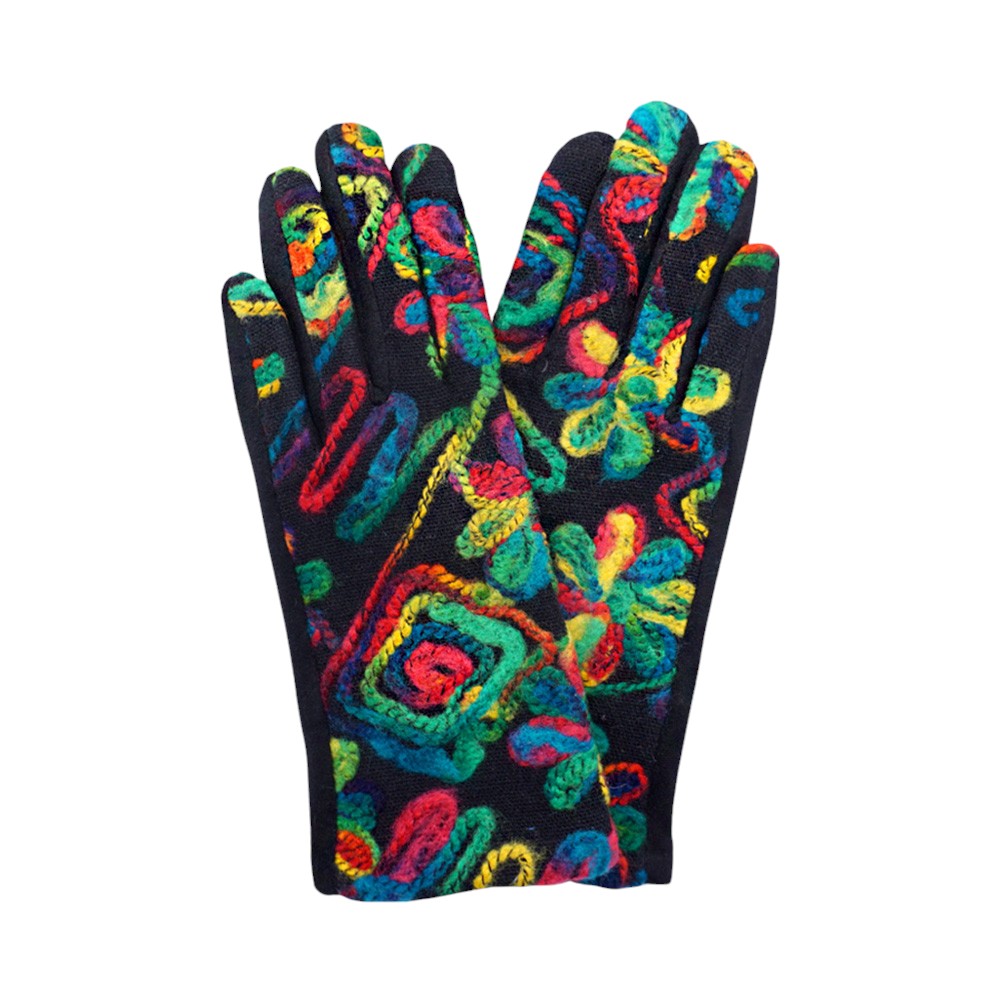 Green Multi Abstract Yarn Embroidered Smart Touch Gloves crafted with abstract yarn embroidery, keep your hands warm, allow you to use touchscreens without taking them off.