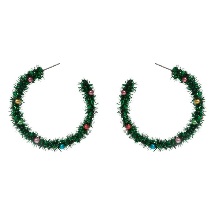 Celebrate the season with these festive tinsel hoop earrings, decorated with miniature ornament accents for a cheerful holiday touch. Lightweight and eye-catching, they’re perfect for adding playful flair to party outfits, winter gatherings, or seasonal celebrations.