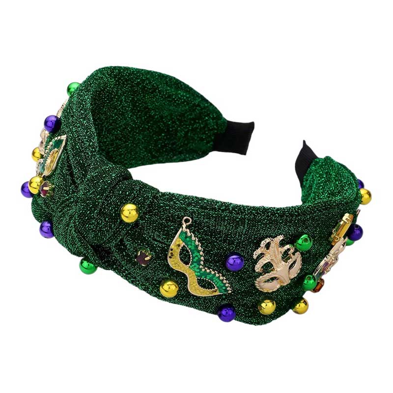 Green Multi Mardi Gras Mask Crown Sparkle Knot Headband, Elevate your Mardi Gras ensemble with our stunning headband. Made with intricate sparkle detailing, this headband will surely turn heads at any party. Feel like royalty with our unique design that combines the elegance of a mask and the playfulness of a crown.