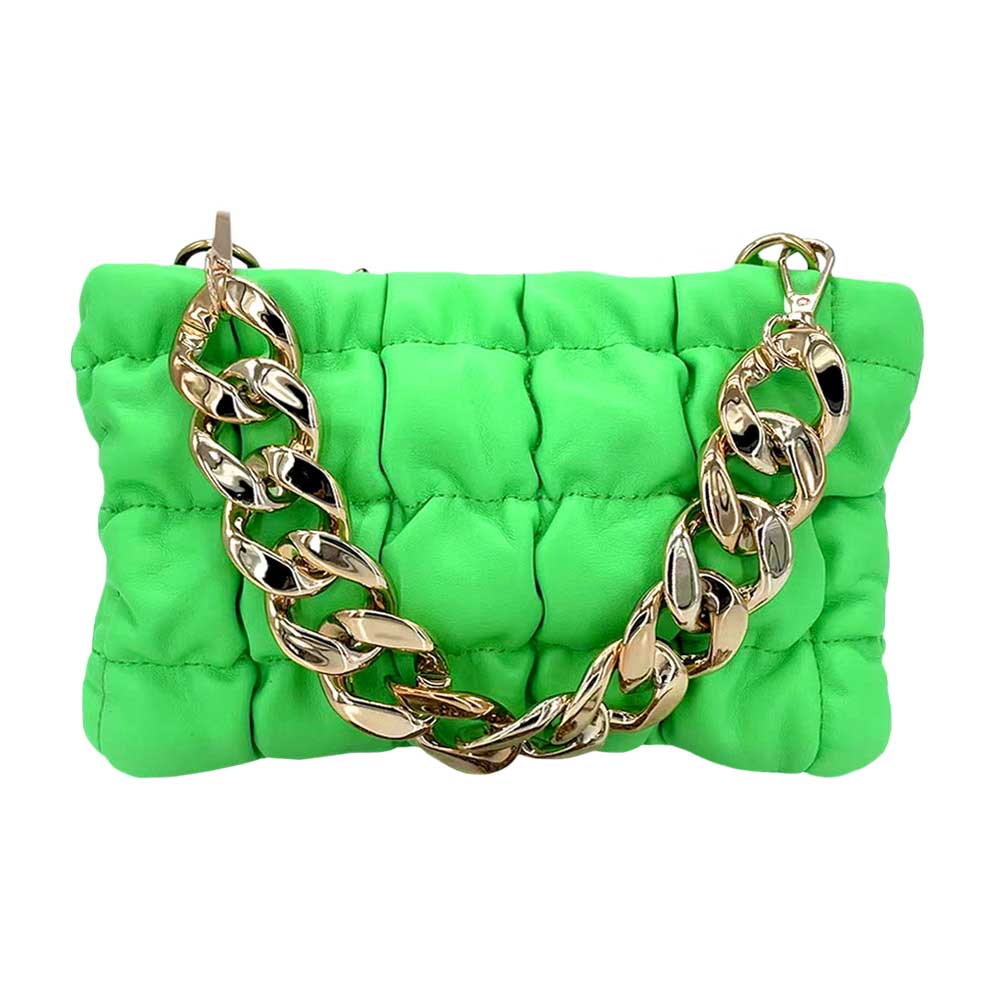 Green Neon Faux Leather Padded Shoulder Crossbody Bag With Chain Strap, this crossbody bag with chain strap is versatile enough for wearing throughout the week. Simple and leisurely, elegant and fashionable, suitable for women of all ages, and lightweight to carry around all day. 