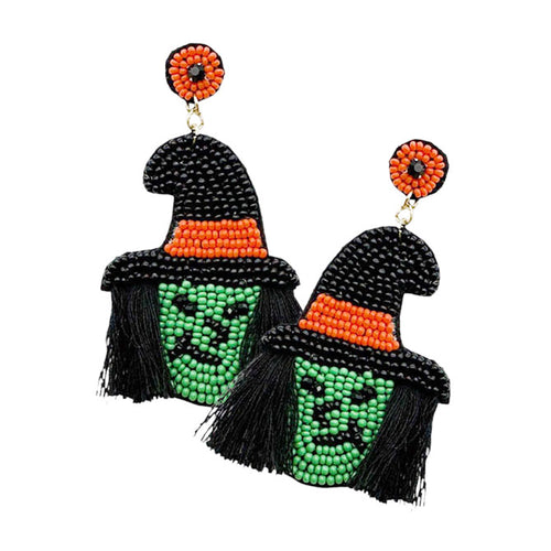 Felt Back Tassel Seed Beaded Witch Dangle Earrings - Green-Neon
