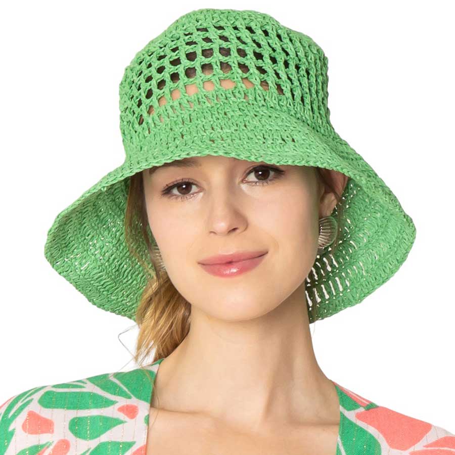 Green Open Weave Solid Straw Bucket Hat - the perfect accessory for sunny days! Made with an open weave design, this hat keeps you cool while shielding you from the sun. Plus, the solid color adds a touch of sophistication to any outfit. Stay stylish and protected with our bucket hat!