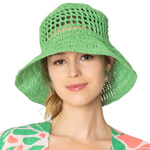 Green Open Weave Solid Straw Bucket Hat - the perfect accessory for sunny days! Made with an open weave design, this hat keeps you cool while shielding you from the sun. Plus, the solid color adds a touch of sophistication to any outfit. Stay stylish and protected with our bucket hat!