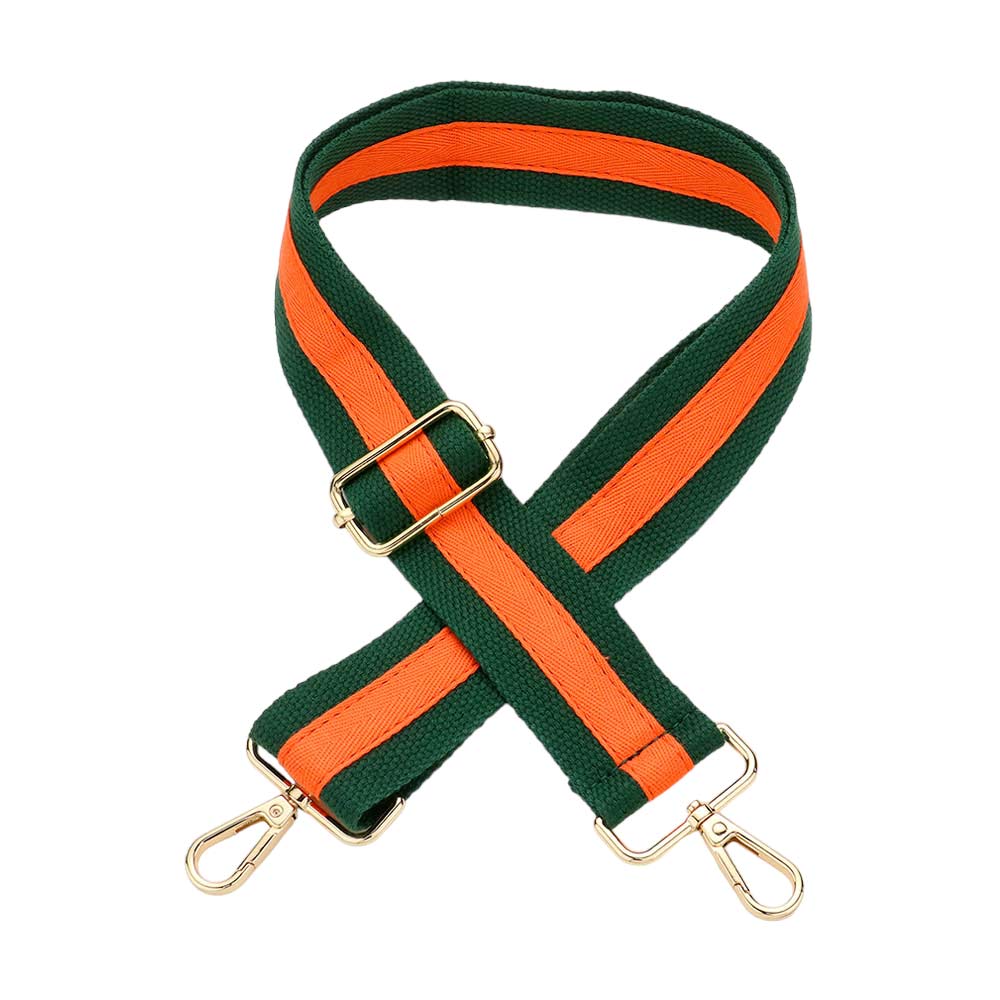 Green Orange Game Day Color Block Bag Strap,  is an excellent addition to your game day look. This bag strap features a dynamic color block pattern in your team's colors, making it a striking and eye-catching accessory. The strap is fully adjustable, allowing you to wear it crossbody or over the shoulder for maximum comfort.