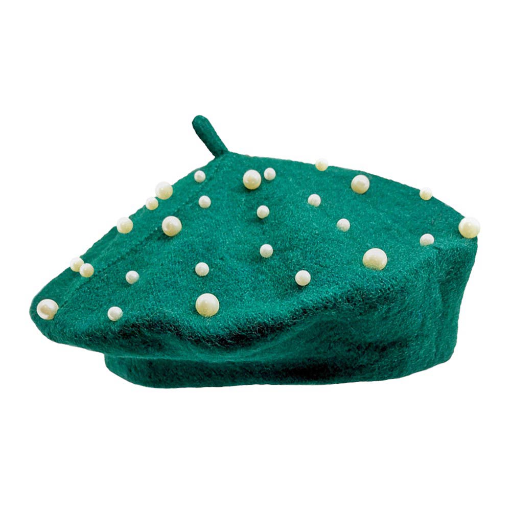 Green-Pearl Embellished Tam Beret Hat, Featuring a classic beret design, this stylish hat is adorned with elegant pearls for a touch of sophistication.Adding a touch of glamour to any outfit, this hat is a must-have accessory for any fashion-forward individual.Upgrade your style today with our Pearl Embellished Tam Beret Hat