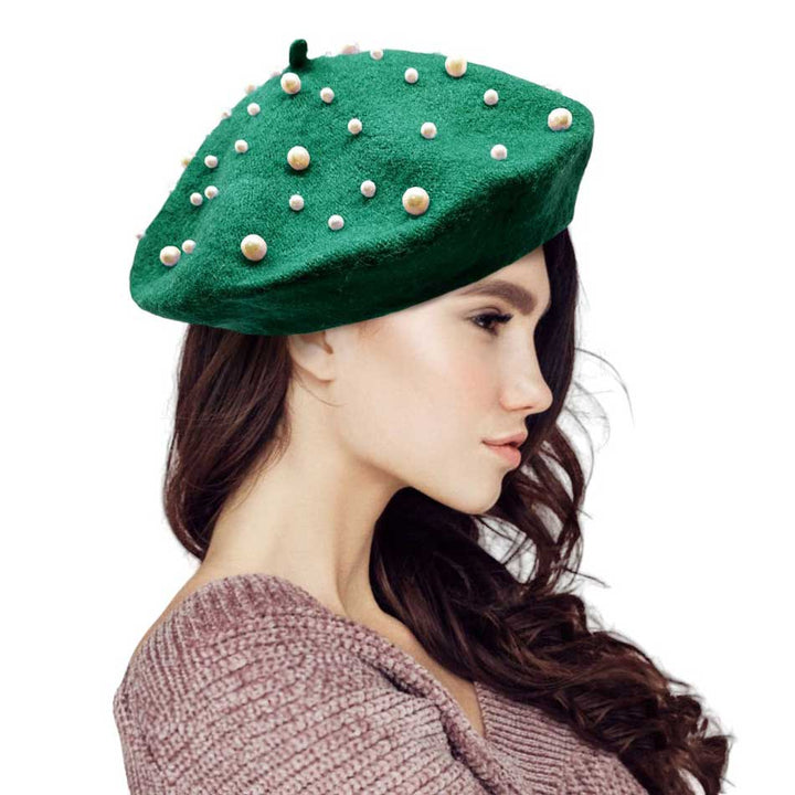 Green-Pearl Embellished Tam Beret Hat, Featuring a classic beret design, this stylish hat is adorned with elegant pearls for a touch of sophistication.Adding a touch of glamour to any outfit, this hat is a must-have accessory for any fashion-forward individual.Upgrade your style today with our Pearl Embellished Tam Beret Hat