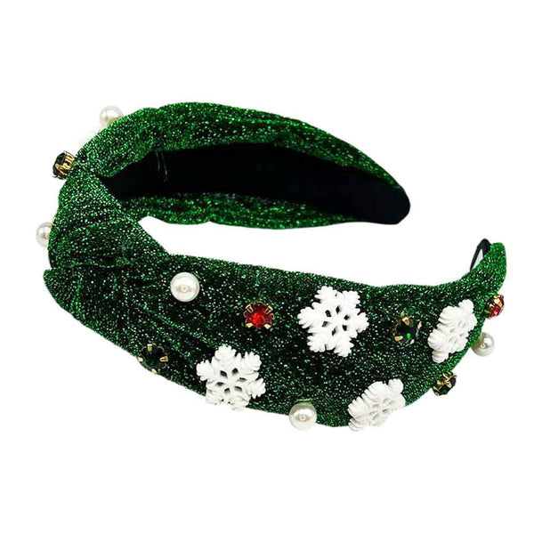 Green-Pearl Stone Cluster Snowflake Embellished Knot Sparkle Fabric Headband, brings a touch of elegance to your holiday look with our Christmas headband. This stunning headband features a beautiful cluster of pearls and snowflake embellishments, perfect for adding sparkle and charm to any Christmas outfit.