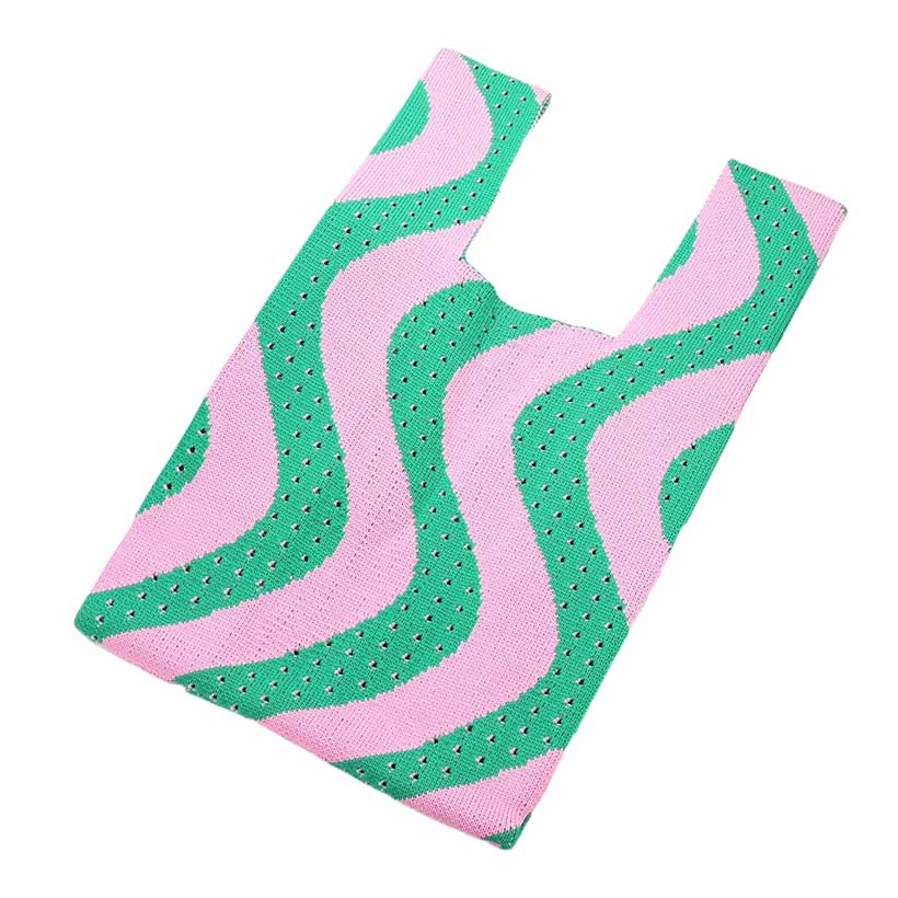 Green Pink Wavy Patterned Knit Tote Bag, This bag features a unique wavy pattern and offers an elegant look. Its lightweight, strong construction keeps your items safe, making it the perfect carryall for everyday use. The straps comfortably fit any size. This stylish bag is perfect as a gift for friends and family members.