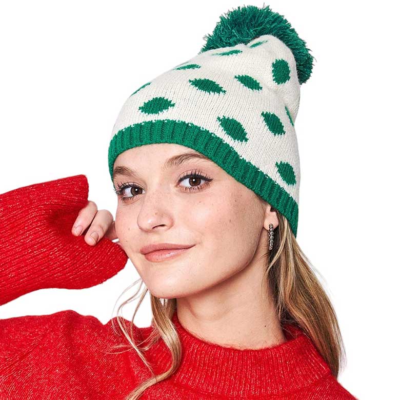 Black Polka Dot Pom Pom Beanie Hat, Protect yourself from the cold with this fashionable and cozy beanie. This stylish beanie features a soft fleece lining and an all-over polka dot design for a playful look. Perfect for winter outdoor activities or daily wear. Fashionable Christmas gift idea for family members and friends.