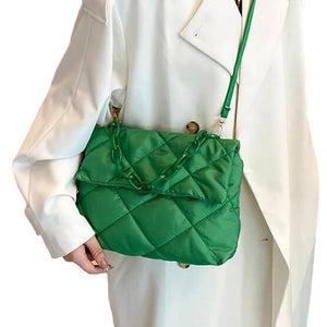 Green Quilted Padded Flap Shoulder Bag Crossbody Bag, this bag is expertly crafted for both style and functionality. With its padded design and quilted detailing, this bag offers both a stylish and comfortable way to carry your essentials. The flap closure adds an extra layer of security, perfect for daily or occasional use.