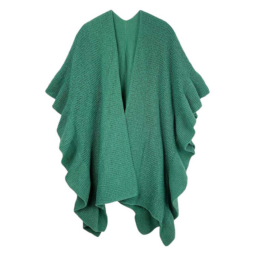 Green This Reversible Ruffle Sleeves Knit Ruana Poncho adds the perfect touch of sophistication to your look. Crafted from 100% Polyester this poncho features reversible sleeves with a unique ruffle design.  Easy to wear and care for, it's a must-have for any wardrobe. Excellent choice as a gift item for your loved ones. 