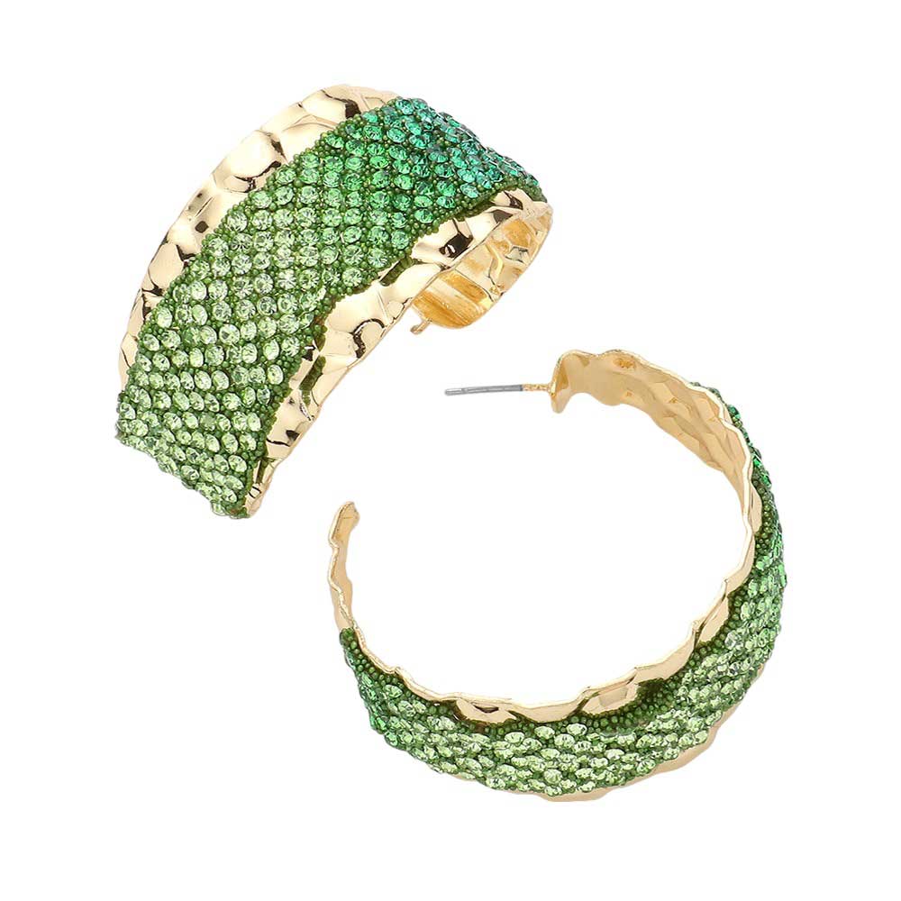 Green Rhinestone Paved Hoop Earrings, is perfect for special occasions. The set features a unique design with a modern spin, thanks to its rhinestone-paved hoop structure. Crafted with high-quality materials, these earrings make a statement without sacrificing comfort. Show off your sense of style with this timeless piece.