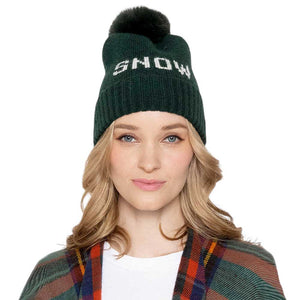Green Snow Message Faux Fur Pom Pom Cable Knit Beanie Hat, Keep your head warm and stylish this winter with this hat. This fashionable beanie is made from soft, cable-knit fabric. Perfect gift choice in winter days for young adults, fashion forwarded friends & family members, teenagers, fashion enthusiasts, and yourself.