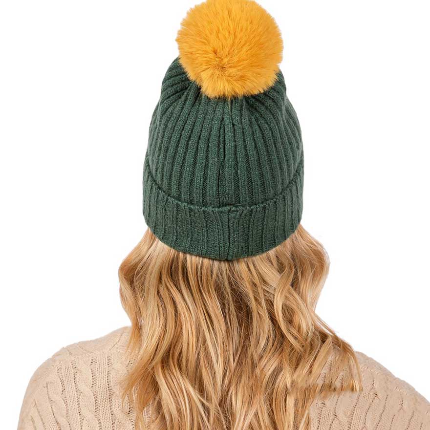 Green-Solid Color Pom Pom Two Tone Beanie Hat, Made from high-quality materials, this hat features a soft and cozy pom pom detail and a two-tone design. Perfect for any cold weather outfit,this hat is a must-have for your winter wardrobe.Ideal for travelers who are on vacation or just spending some time in the great outdoors