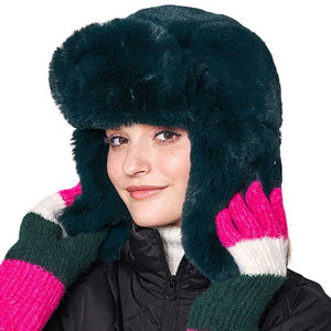 Green Solid Faux Fur Trapper Hat, is perfect for winter outdoor adventures. Crafted from soft faux fur, the hat will comfortably protect your head from the cold while looking stylish. With its windproof design, this hat is a must-have for winter weather. Ideal gift for your friends and family members on colder days.