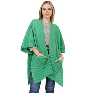 Green Solid Knit Front Pockets Vest Poncho, With the latest trend in ladies' outfit cover-up! the high-quality knit poncho is soft, comfortable, and warm but lightweight. It's perfect for your daily, casual, party, evening, vacation, and other special events outfits. A fantastic gift for your friends or family.