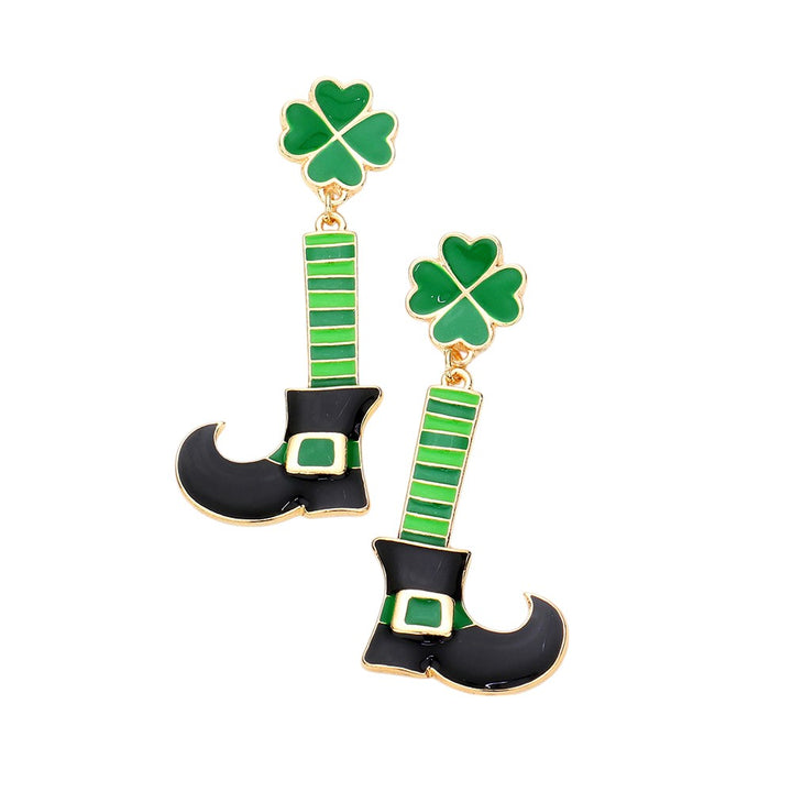 Green-St. Patrick's Day earrings feature adorable enamel metal clover shoes that dangle from your ears. Perfect for adding a touch of fun and luck to any outfit, these earrings are a must-have for any St. Patrick's Day celebration. Show off your holiday spirit with these unique and stylish earrings.