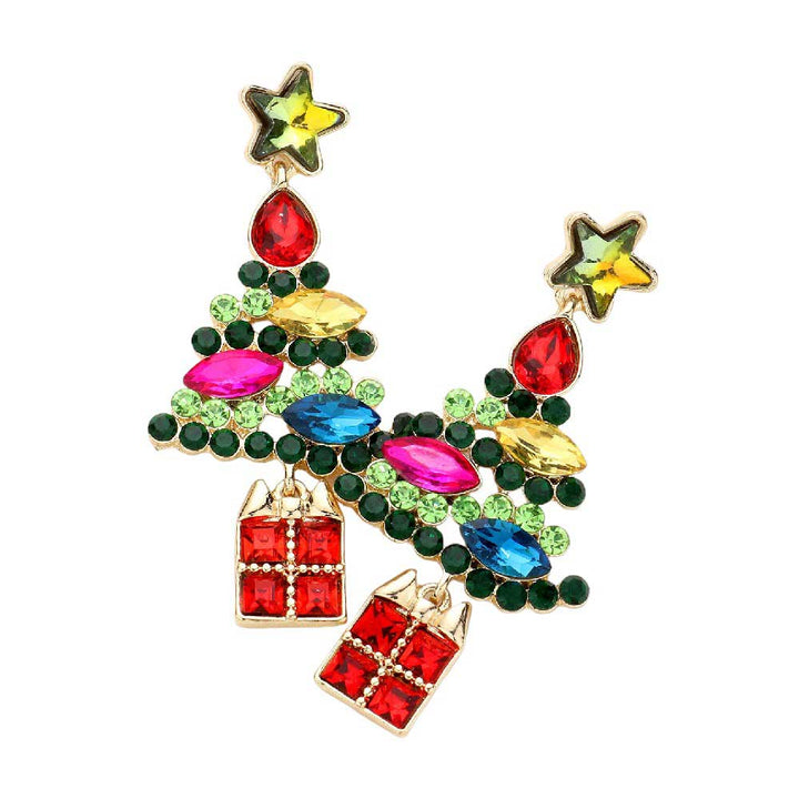 Green Stone Embellished Christmas Tree Dangle Earrings. Celebrate the Christmas season with these. With a delicate mix of stones, its festive tree design will add a touch of sparkle to your outfit. Perfect for giving your loved ones a special gift this holiday season.