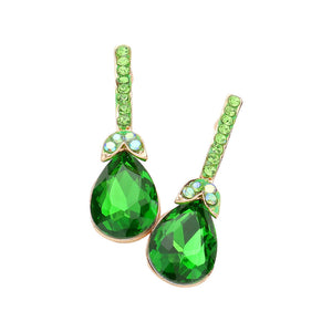 Green Teardrop Stone Accented Evening Earrings, featuring Gorgeous evening earrings and teardrop stones accented with sparkling crystals. These earrings will add a touch of glamour to any attire. Perfect for any occasion. These beautifully unique designed earrings are suitable as gifts for wives, friends, and mothers.