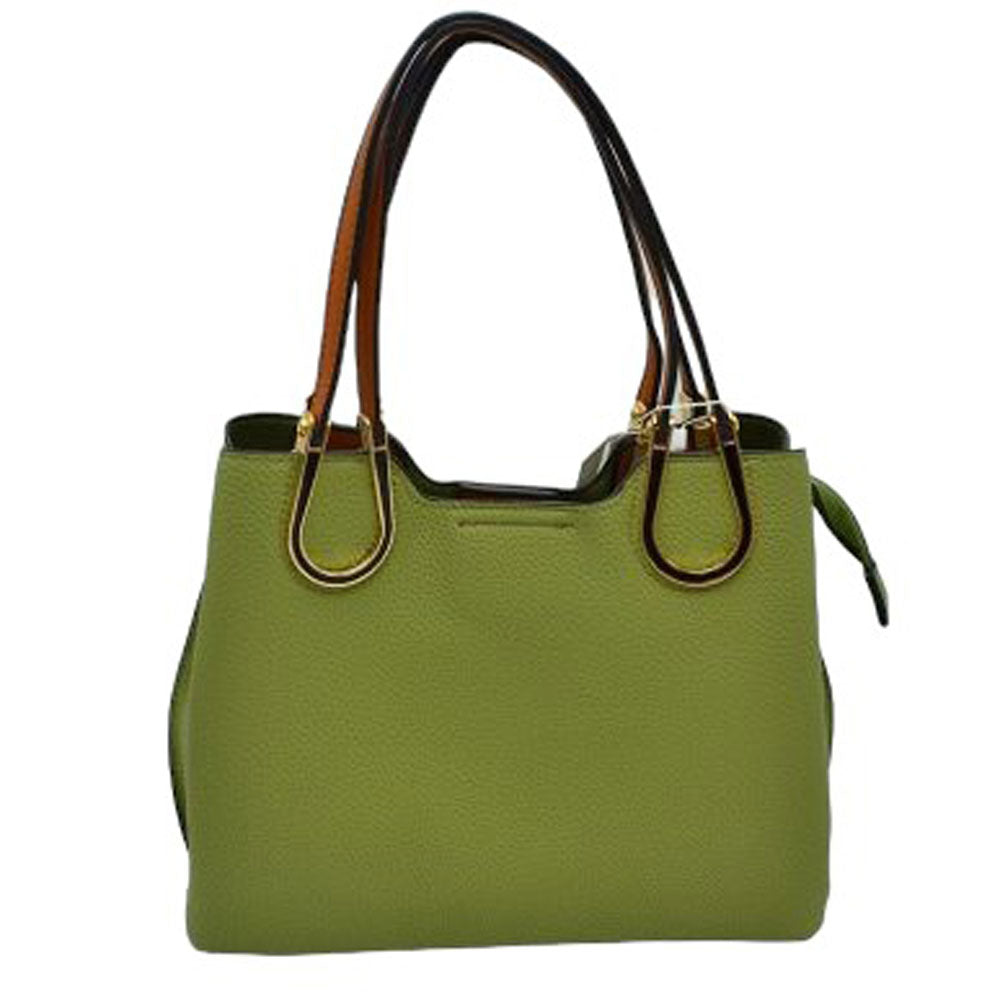 Green Textured Faux Leather Horseshoe Handle Women's Tote Bag, featuring an eye-catching textured faux leather exterior and a horseshoe-shaped handle. The bag has a spacious interior, perfect for days when you need to carry a lot of items. Its structure and design ensure that your items will stay secure even on the go.